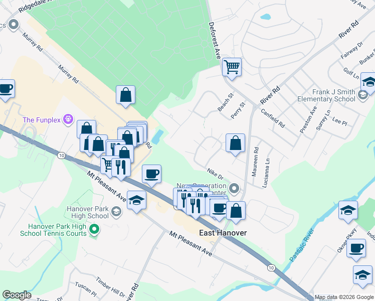 map of restaurants, bars, coffee shops, grocery stores, and more near 9 Katie Court in East Hanover
