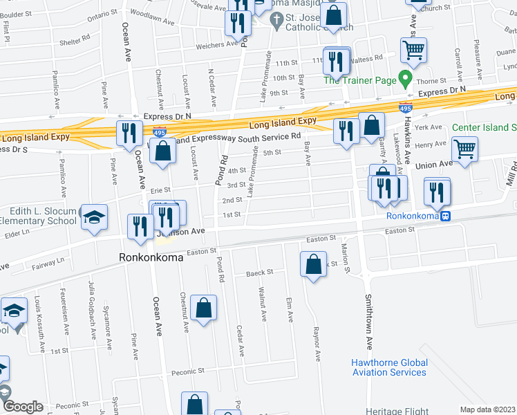 map of restaurants, bars, coffee shops, grocery stores, and more near 67 1st Street in Ronkonkoma