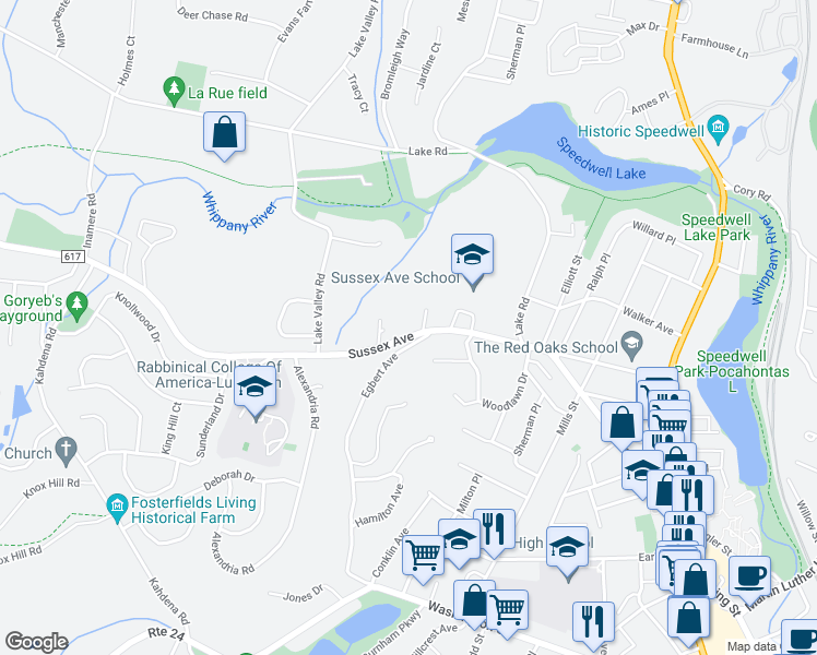 map of restaurants, bars, coffee shops, grocery stores, and more near 157 Sussex Avenue in Morristown