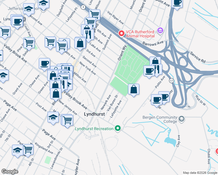 map of restaurants, bars, coffee shops, grocery stores, and more near 202 Orient Way in Lyndhurst