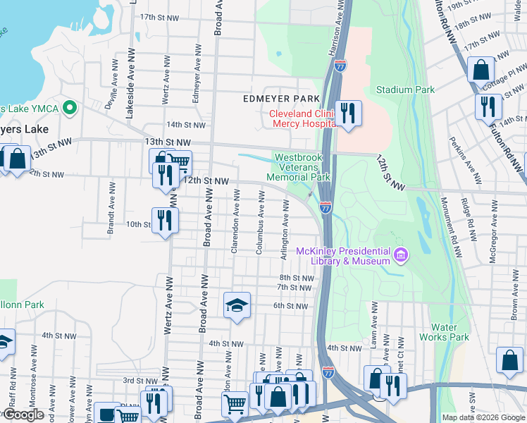 map of restaurants, bars, coffee shops, grocery stores, and more near 2506 Nicholas Place Northwest in Canton
