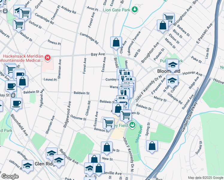 map of restaurants, bars, coffee shops, grocery stores, and more near 48 Warren Street in Essex County