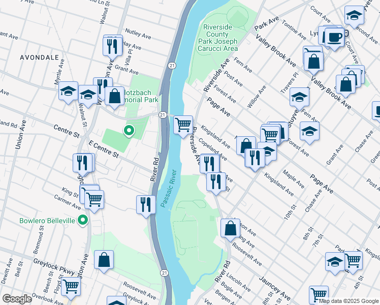 map of restaurants, bars, coffee shops, grocery stores, and more near 601 Riverside Avenue in Lyndhurst
