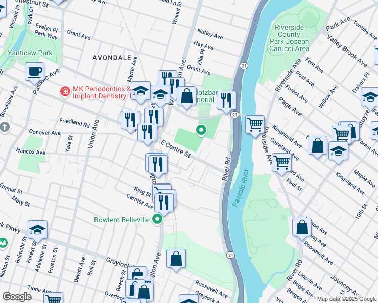 map of restaurants, bars, coffee shops, grocery stores, and more near 76 East Centre Street in Nutley