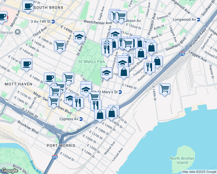 map of restaurants, bars, coffee shops, grocery stores, and more near 390 Concord Avenue in Bronx
