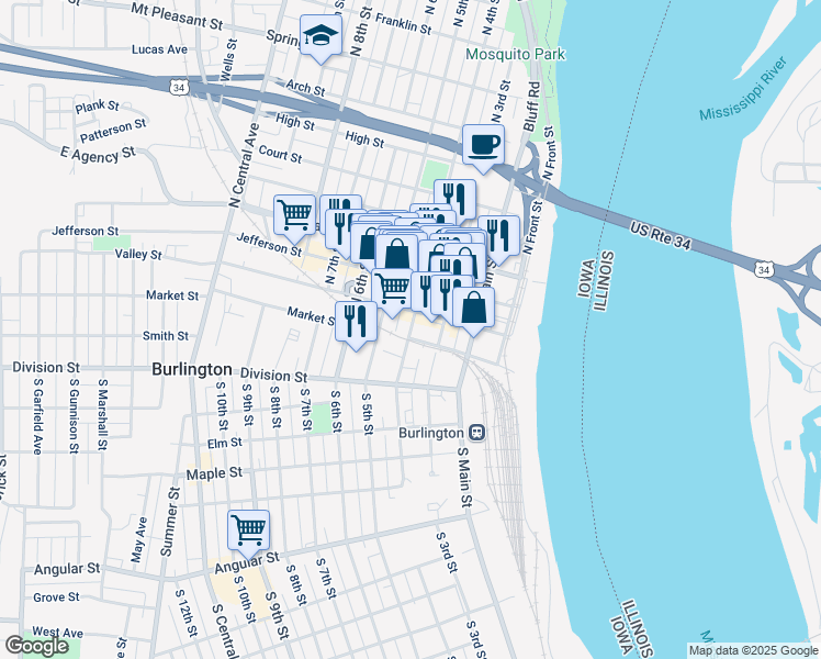 map of restaurants, bars, coffee shops, grocery stores, and more near 100-122 North 4th Street in Burlington