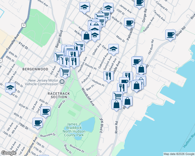 map of restaurants, bars, coffee shops, grocery stores, and more near 237 Columbus Place in Cliffside Park
