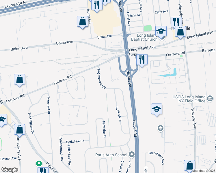 map of restaurants, bars, coffee shops, grocery stores, and more near 67 Singingwood Drive in Holbrook