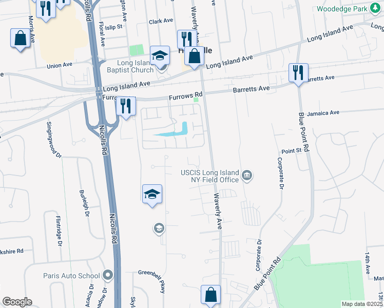 map of restaurants, bars, coffee shops, grocery stores, and more near 162 Storm Drive in Holtsville