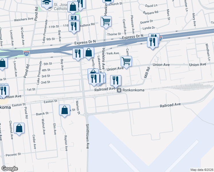 map of restaurants, bars, coffee shops, grocery stores, and more near 90 Railroad Avenue in Ronkonkoma