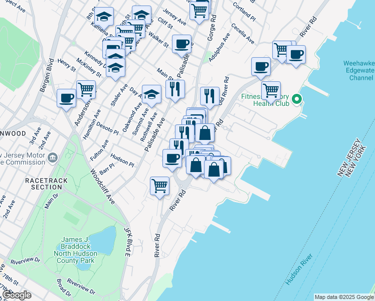 map of restaurants, bars, coffee shops, grocery stores, and more near 1011 Hudson Park in Edgewater