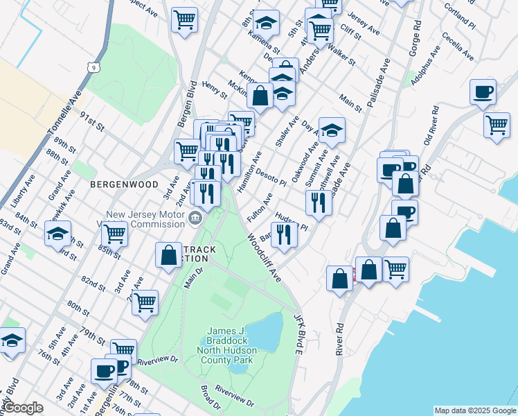 map of restaurants, bars, coffee shops, grocery stores, and more near 257 Hudson Place in Fairview