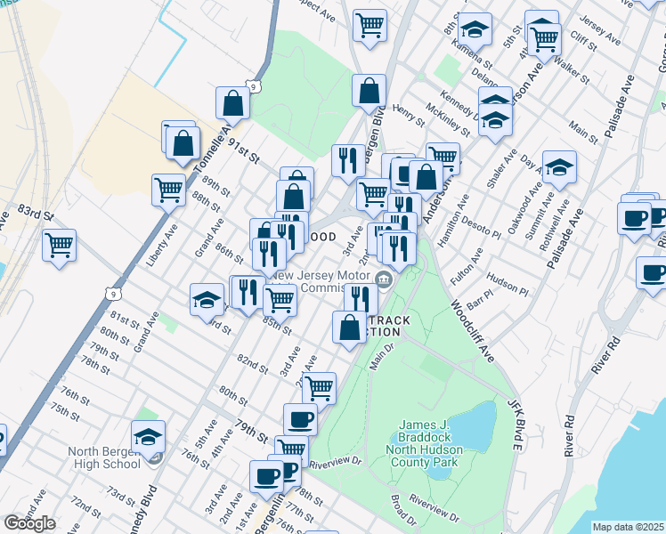 map of restaurants, bars, coffee shops, grocery stores, and more near 8822 89th Street in North Bergen