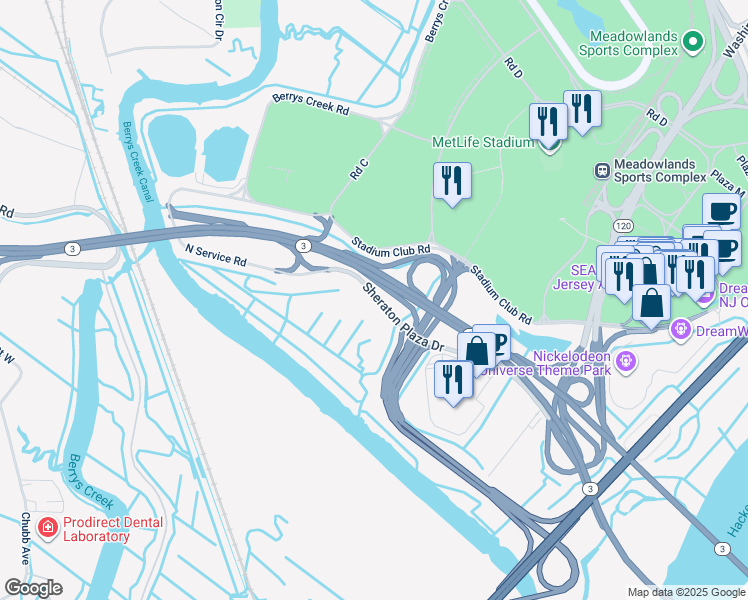 map of restaurants, bars, coffee shops, grocery stores, and more near 100 Schindler Court in East Rutherford