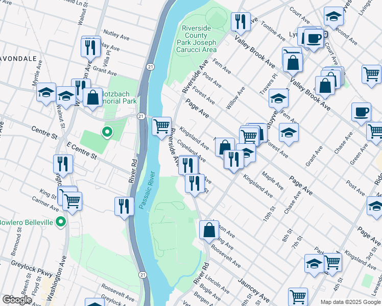 map of restaurants, bars, coffee shops, grocery stores, and more near 126 Copeland Avenue in Lyndhurst
