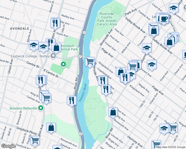 map of restaurants, bars, coffee shops, grocery stores, and more near 601 Riverside Avenue in Lyndhurst