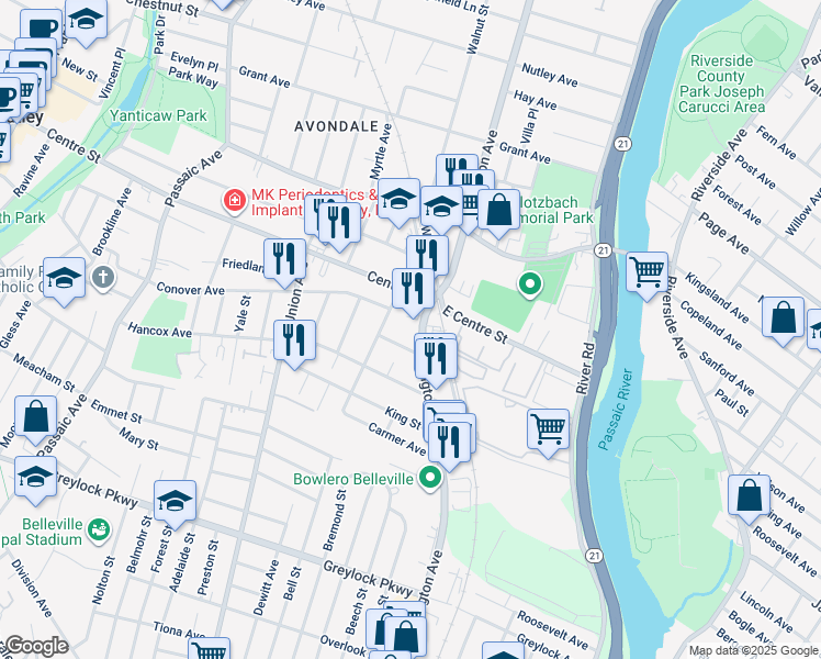 map of restaurants, bars, coffee shops, grocery stores, and more near 80 Washington Avenue in Nutley