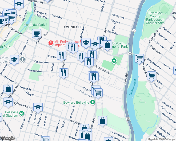 map of restaurants, bars, coffee shops, grocery stores, and more near 80 Saint Marys Place in Nutley