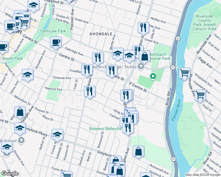 map of restaurants, bars, coffee shops, grocery stores, and more near 80 Saint Marys Place in Nutley