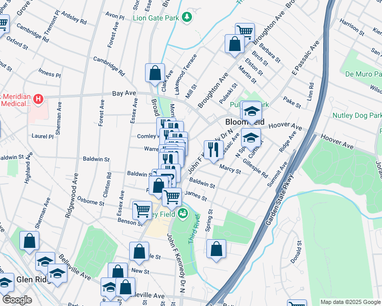map of restaurants, bars, coffee shops, grocery stores, and more near 386 Hoover Avenue in Bloomfield
