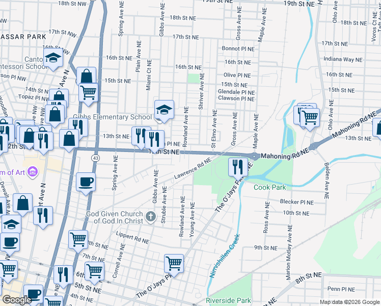 map of restaurants, bars, coffee shops, grocery stores, and more near 1309 12th Street Northeast in Canton