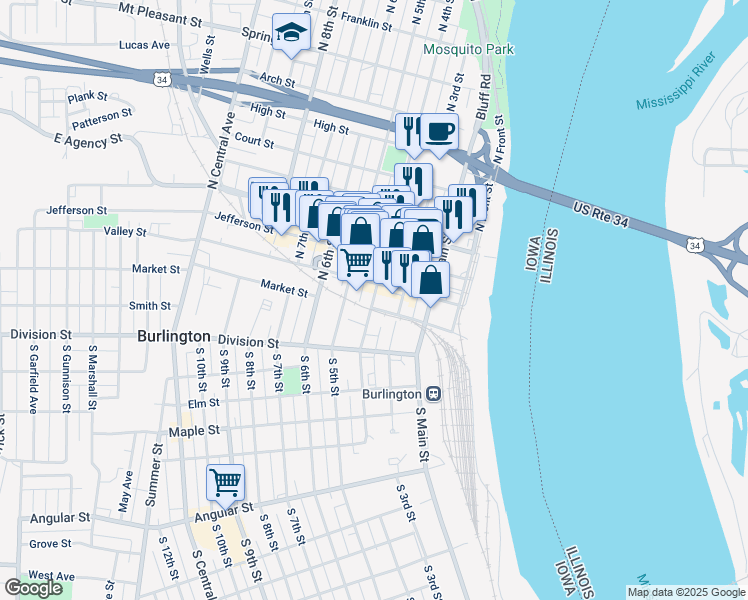 map of restaurants, bars, coffee shops, grocery stores, and more near 100-122 North 4th Street in Burlington