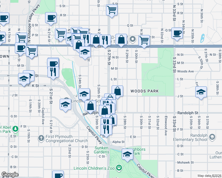 map of restaurants, bars, coffee shops, grocery stores, and more near 505 South 27th Street in Lincoln