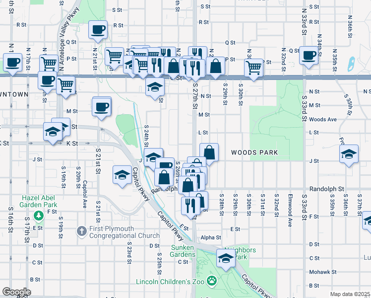 map of restaurants, bars, coffee shops, grocery stores, and more near 505 South 27th Street in Lincoln