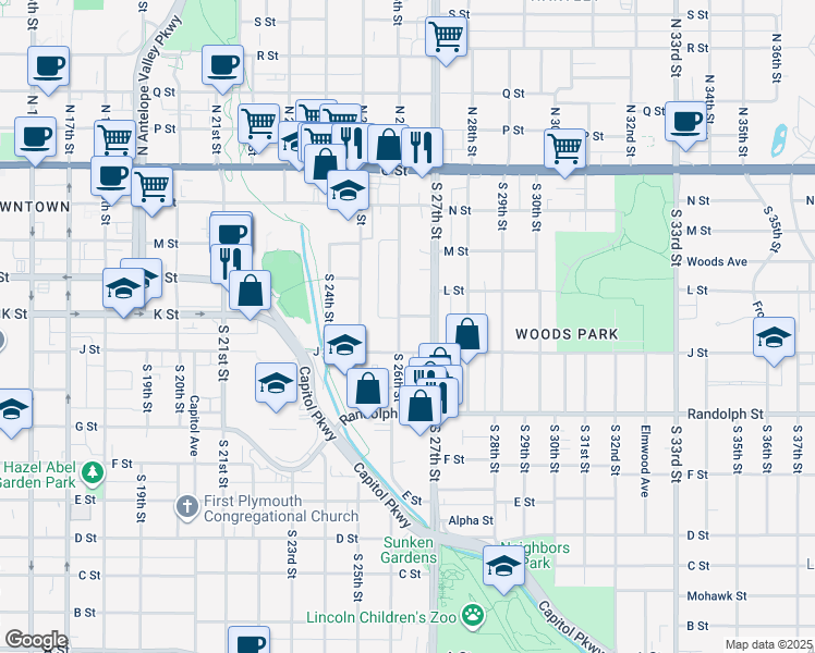 map of restaurants, bars, coffee shops, grocery stores, and more near 503 South 26th Street in Lincoln