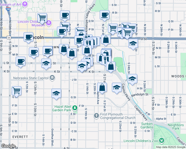 map of restaurants, bars, coffee shops, grocery stores, and more near 1919 K Street in Lincoln