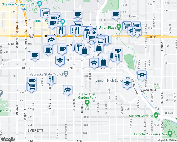 map of restaurants, bars, coffee shops, grocery stores, and more near in Lincoln