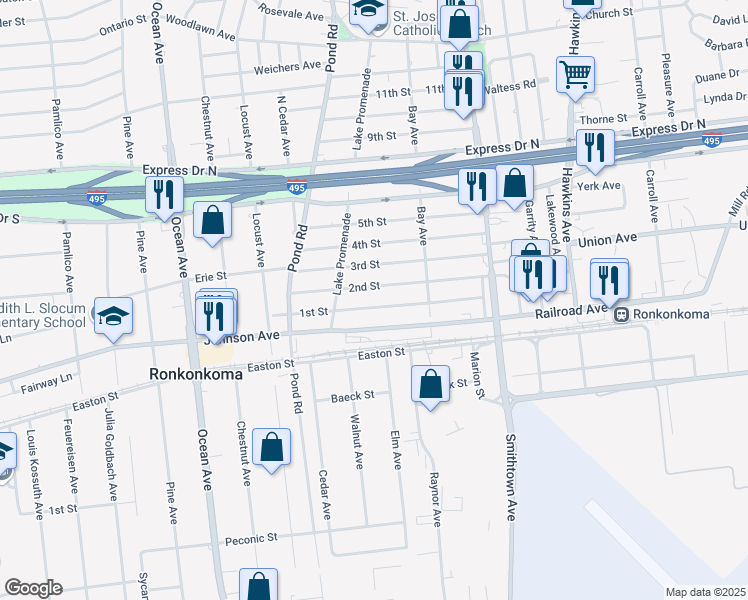 map of restaurants, bars, coffee shops, grocery stores, and more near 57 1st Street in Ronkonkoma