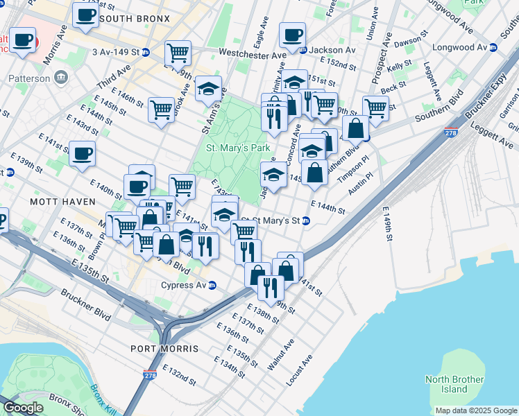 map of restaurants, bars, coffee shops, grocery stores, and more near Jackson Avenue in The Bronx