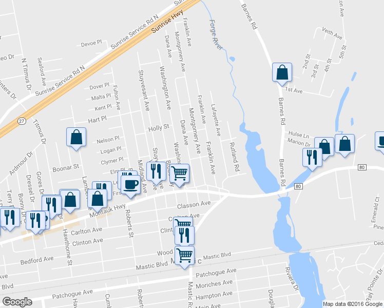 map of restaurants, bars, coffee shops, grocery stores, and more near 29 Dana Avenue in Mastic