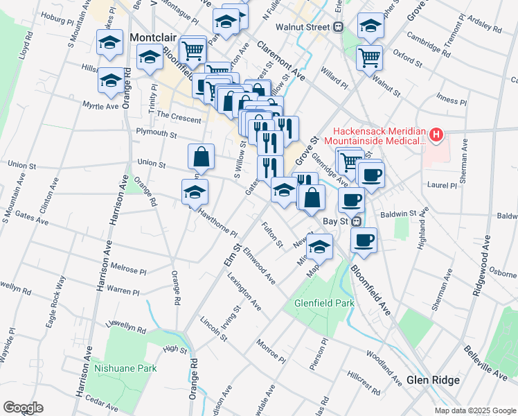 map of restaurants, bars, coffee shops, grocery stores, and more near in Montclair