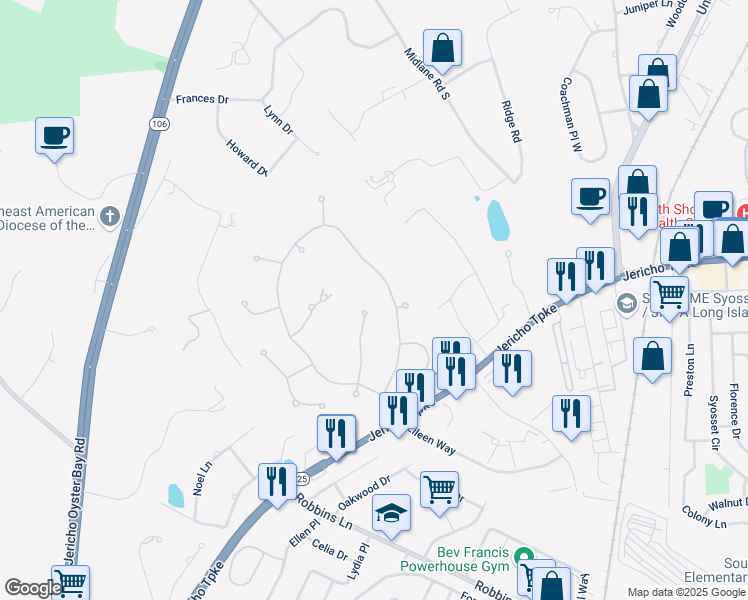 map of restaurants, bars, coffee shops, grocery stores, and more near 26 Earle Drive in Syosset