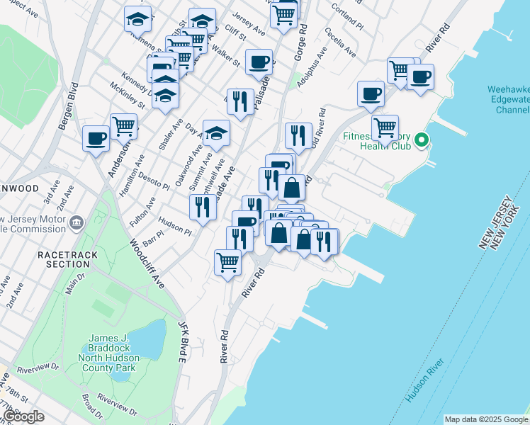 map of restaurants, bars, coffee shops, grocery stores, and more near 228 Gorge Road in Edgewater