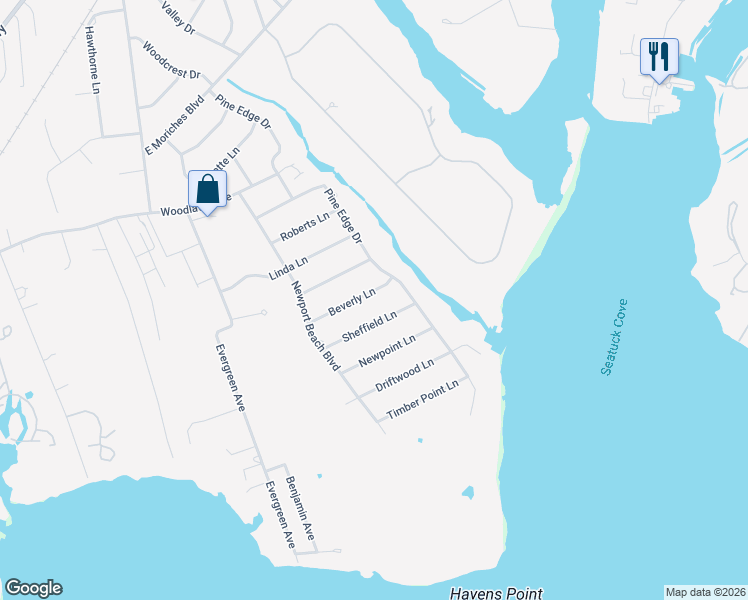 map of restaurants, bars, coffee shops, grocery stores, and more near 16 Beverly Lane in East Moriches