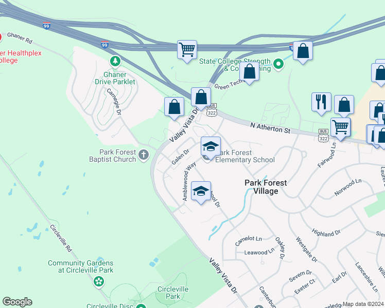 map of restaurants, bars, coffee shops, grocery stores, and more near 418 Amblewood Way in State College