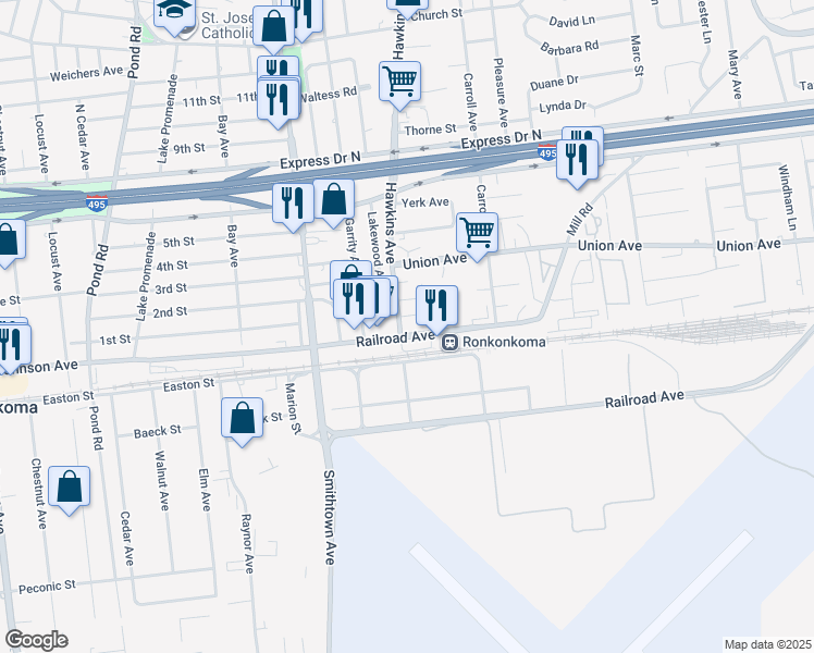 map of restaurants, bars, coffee shops, grocery stores, and more near 3 Hawkins Avenue in Ronkonkoma
