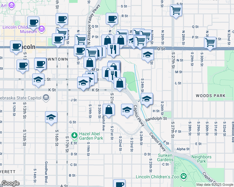map of restaurants, bars, coffee shops, grocery stores, and more near 2123 K Street in Lincoln