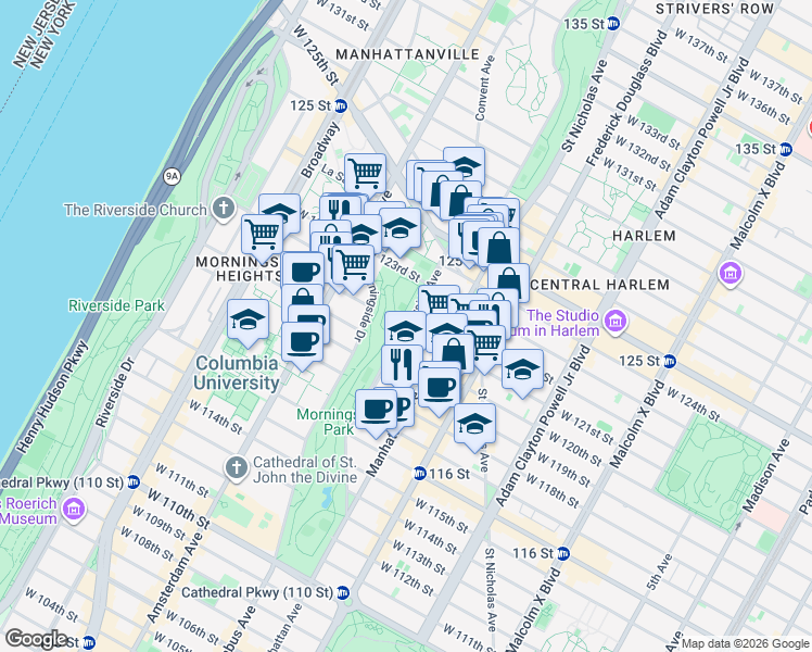 map of restaurants, bars, coffee shops, grocery stores, and more near W 121st St & Morningside Ave in New York