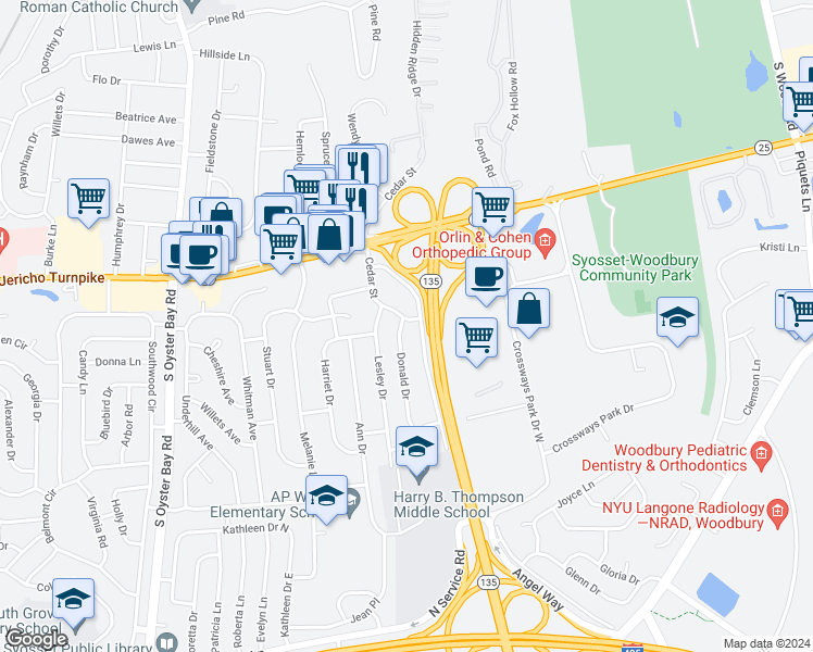 map of restaurants, bars, coffee shops, grocery stores, and more near 1 Donald Drive in Syosset