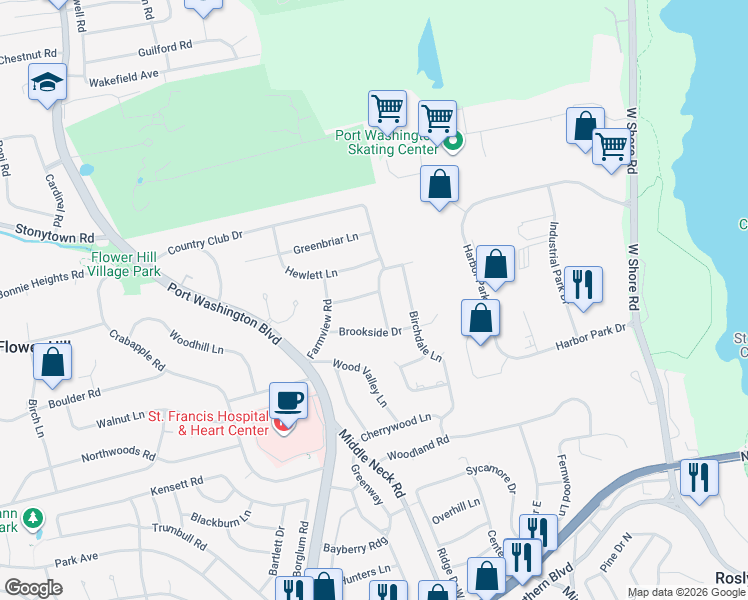 map of restaurants, bars, coffee shops, grocery stores, and more near 117 Country Club Drive in Port Washington
