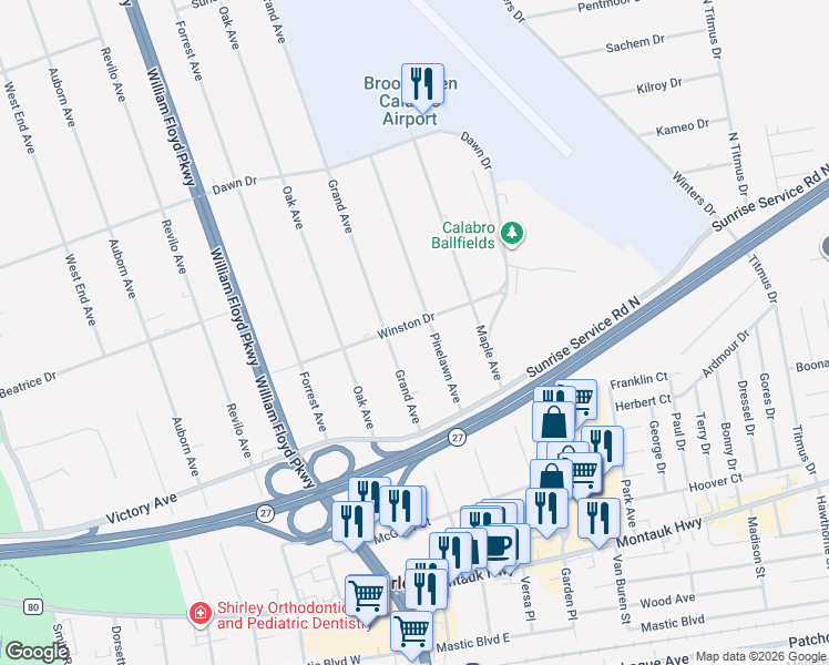 map of restaurants, bars, coffee shops, grocery stores, and more near 62 Winston Drive in Shirley