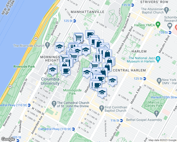 map of restaurants, bars, coffee shops, grocery stores, and more near 70 Morningside Avenue in New York