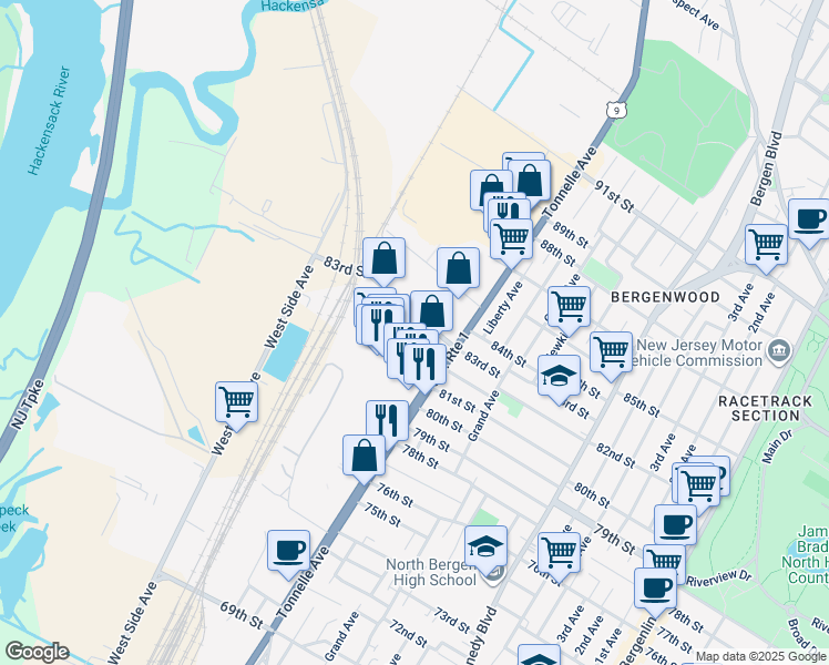 map of restaurants, bars, coffee shops, grocery stores, and more near 2043 83rd Street in North Bergen