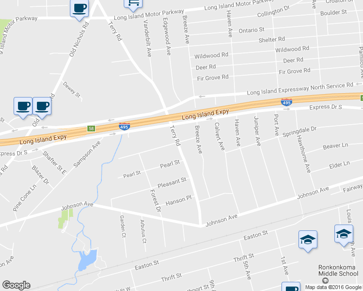 map of restaurants, bars, coffee shops, grocery stores, and more near 1165 Terry Road in Ronkonkoma