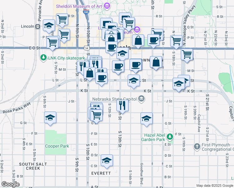 map of restaurants, bars, coffee shops, grocery stores, and more near 1235 K Street in Lincoln