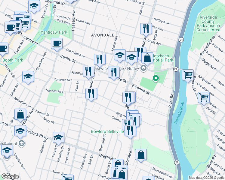 map of restaurants, bars, coffee shops, grocery stores, and more near 80 Saint Marys Place in Nutley